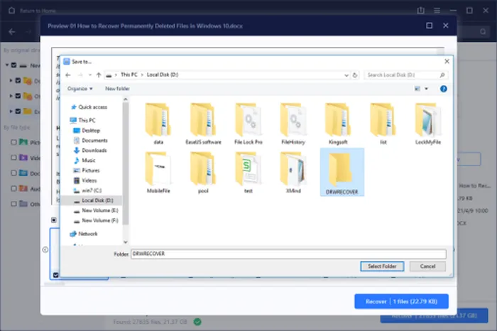 easeus data recovery choose folder