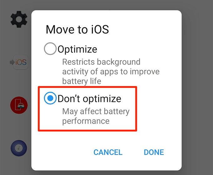 Don\'t optimize option in Move to iOS screen 