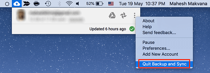 Quit Backup and Sync in three dot menu 